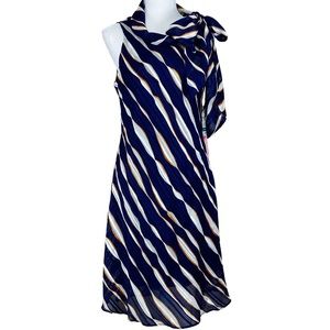 NWT Robbie Bee Navy Striped Dress 6 Lined Sleeveless Bow Tie Neck Modern
